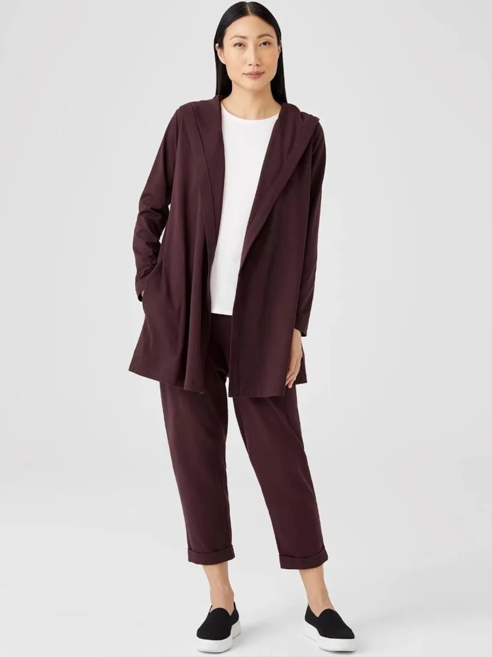 Eileen Fisher Cozy Comfy Cotton Jersey Hooded Cardigan Jacket Burgundy Autumn 1X